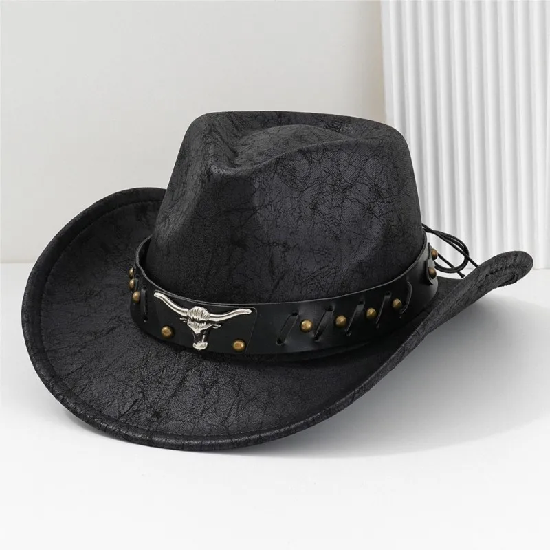 Black cracked leather with rivets for both men and women presenting a unique street performance style
