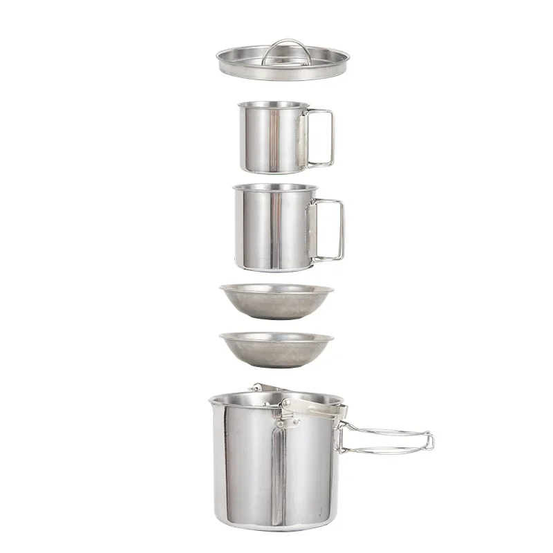 5 قطعة مجموعة أدوات مائدة للتخييم من الفولاذ المقاوم للصدأ بما في ذلك وعاء كوب غلاية ومقبض قابل للطي للتنزه في الهواء الطلق والنزهات والطهي والسفر #5