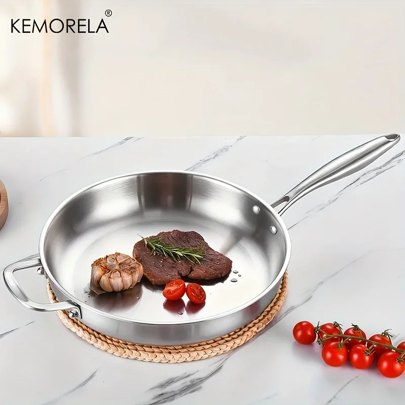 

KEMORELA Stainless Steel Wok Pan with Detachable Handle Induction Compatible Stir-Fry Chef Pan Oven Dishwasher Safe