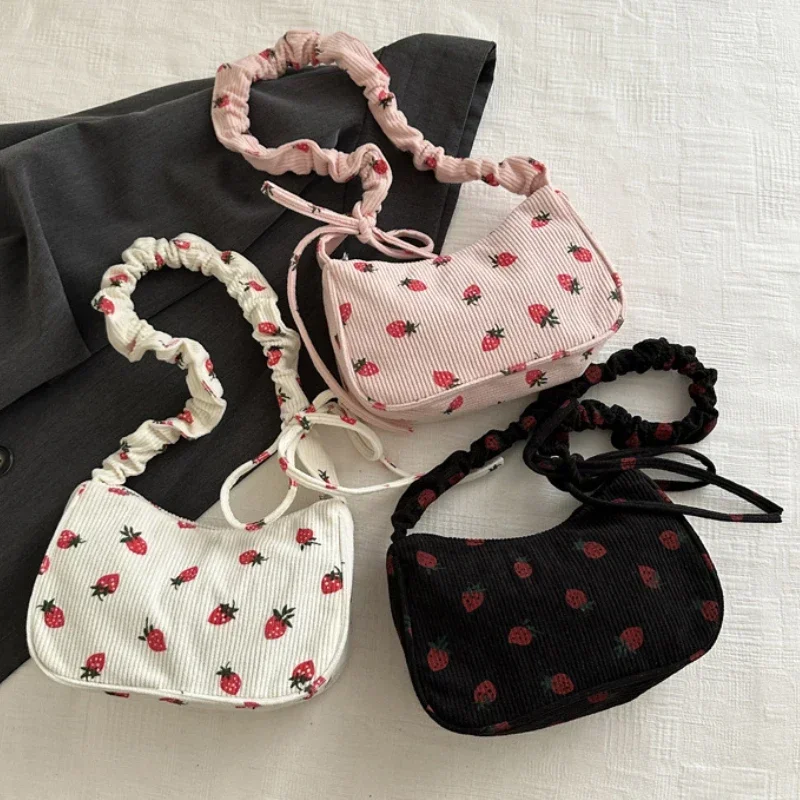 

Cute Strawberry Print Little Tote Half Moon Design Eco Cloth Purse Mini Shoulder Bags Women Small Underarm Bag Corduroy Handbag