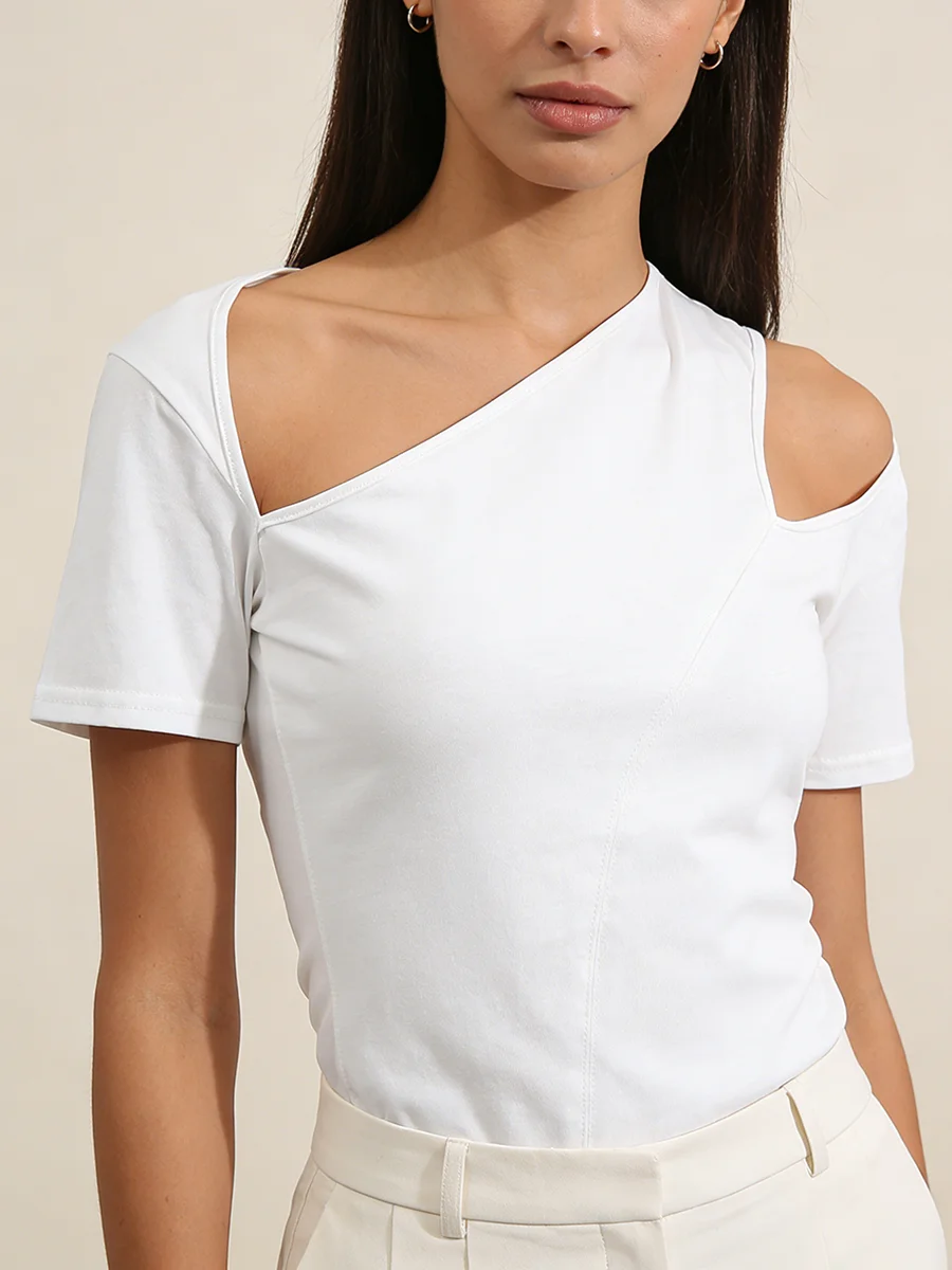 TWOTWINSTYLE White Loose Spliced Hollow Out T Shirt for Women Skew Collar Short Sleeve Minimalist Design T Shirts Female Summer