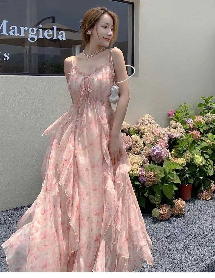 

Vestidos Summer 2023 New Women Floral French Sling Sexy Backless Ruffle Sweet Holiday Beach Long Dresses Female Elegant Dress