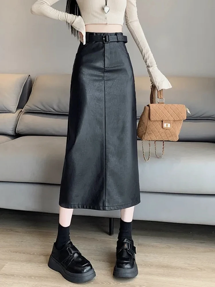 

너 коричневая юбка-миди с высокой талией для женщин с разрезом трапециевидной формы, длинная юбка из искусственной кожи, корейский материал из полиэстера для поездок на работу