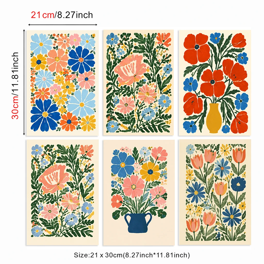 Set of 6 Floral Botanical Flowers Tulip Poppy Daisy Blue Pink Vase Garden Modern Floral Botanical Flower Canvas Poster Wall Art