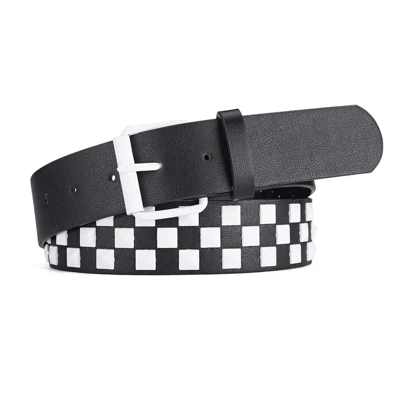 1 PC New Personalised Rivets Checkerboard PU Leather Belt 107CM Men and Women Universal Fashion Hip-hop Punk Belt Ins Style