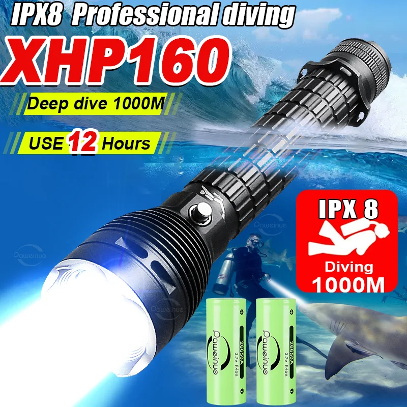 

2025 XHP160 Professional Diving Flashlight IPX8 Waterproof Dive Light LED Flashlights Powerful Scuba Torch Underwater Lantern