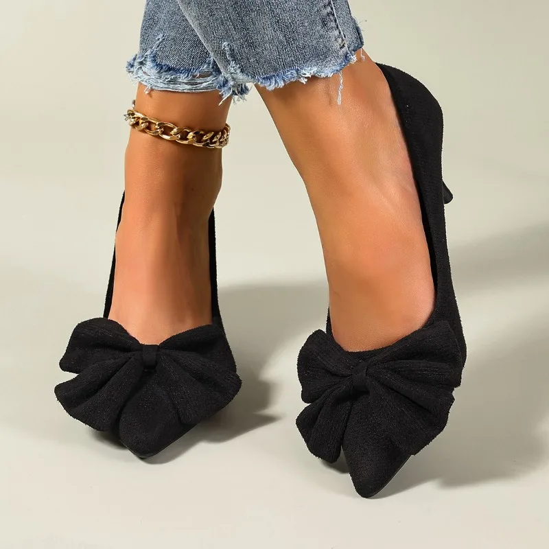 

Женская обувь, модные классические туфли-лодочки с бантом в стиле ретро 2025, элегантные женские офисные туфли на высоком каблуке высокого качества.