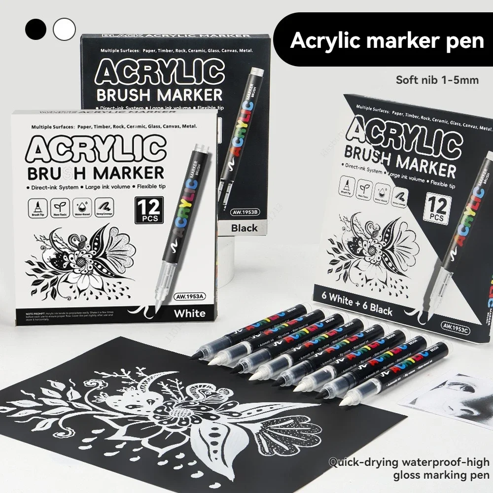 

12 pcs Black and White Acrylic Paint Markers Set, Large Ink Capacity, Acrylic Markers for Illustration Sketching Wood Glass Art