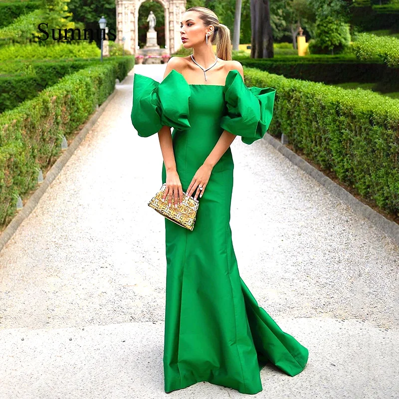 Sumnus Green Satin Mermaid Avondjurk Boothals Puff Mouw Lange Prom Dresses Formele Avondjurken Wedding Party Gast Gown