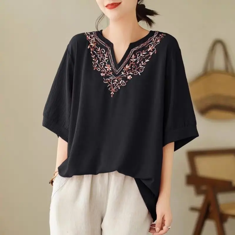 Women Vintage Embroidery Elegant Comfortable Cotton T Shirt Summer Fashion V Neck Short Sleeve Loose Pullover Tops Ropa De Mujer