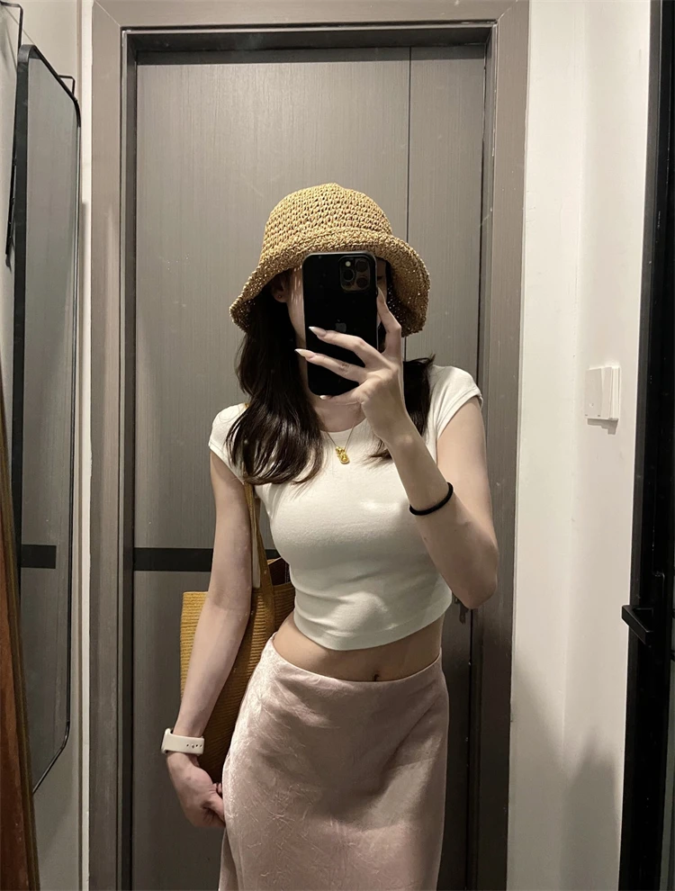 Sexy White Belly-Baring Short-Sleeve T-Shirt Women's Slimming Top Breathable Comfortable Knitted High-Waist Casual Wear