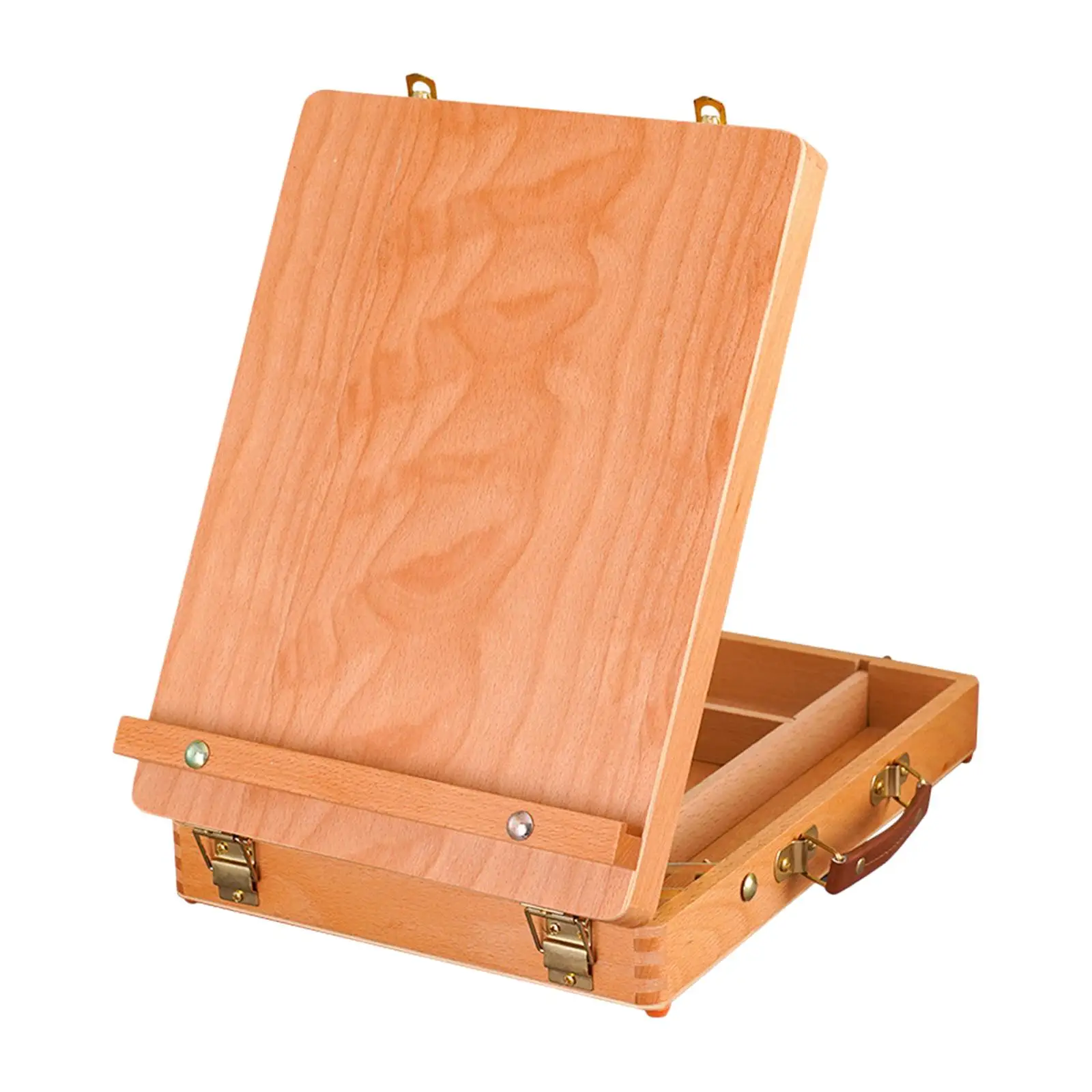 Portable Wooden Artist Desktop Storage Case With Easy Carry Leather Handle And Detachable Compartments Painting Easel