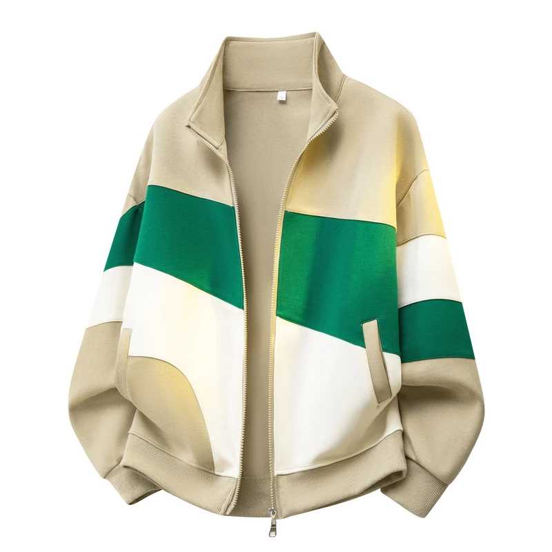 Spring Autumn Unisex Colorblock Patchwork Sweatshirt Jacket Stand Collar Full Zip Long Sleeve Loose Casual Street Outerwear With