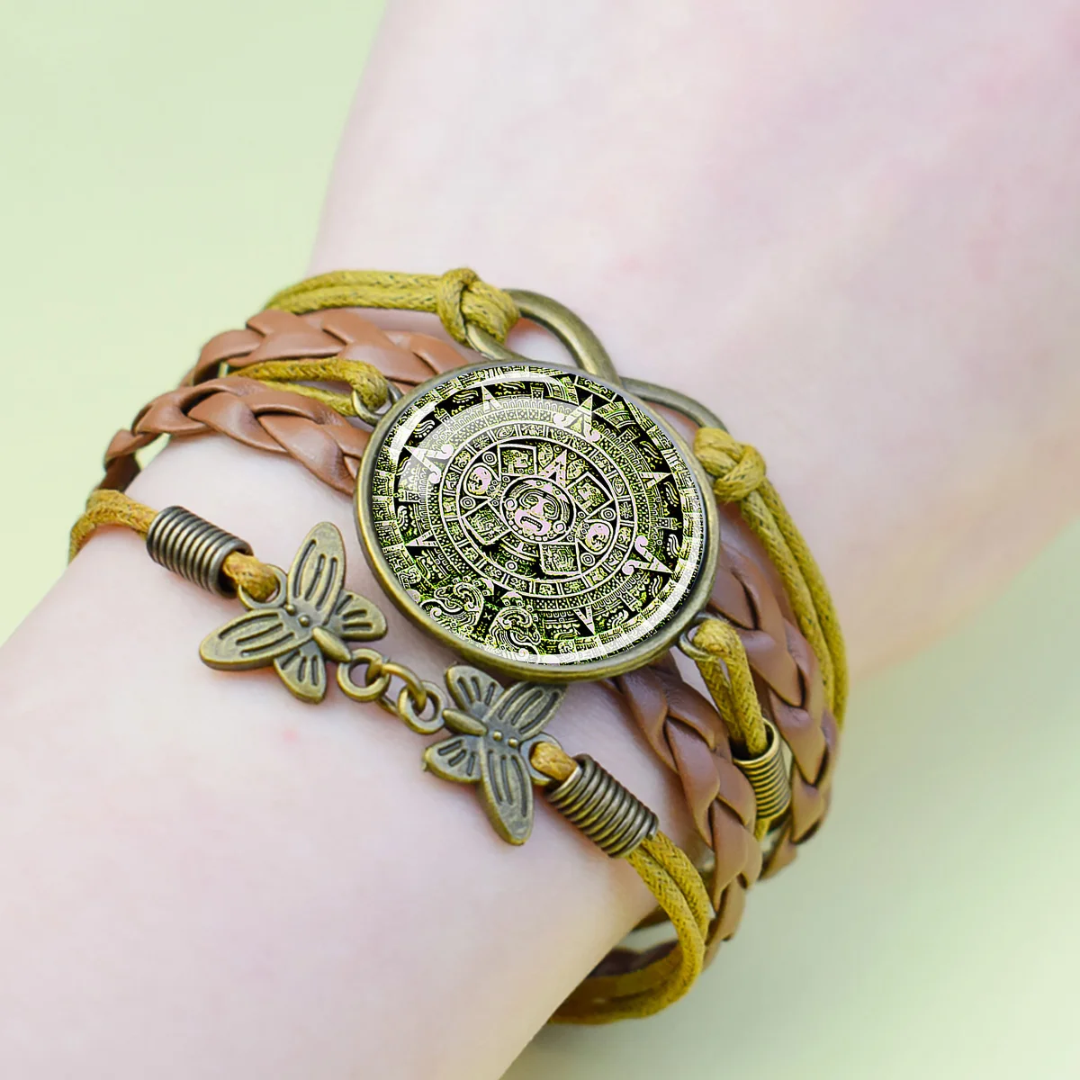 1PC Aztec Mayan Calendar Stone Braided Leather Bracelet Ancient Tribal Ethnic Wristband