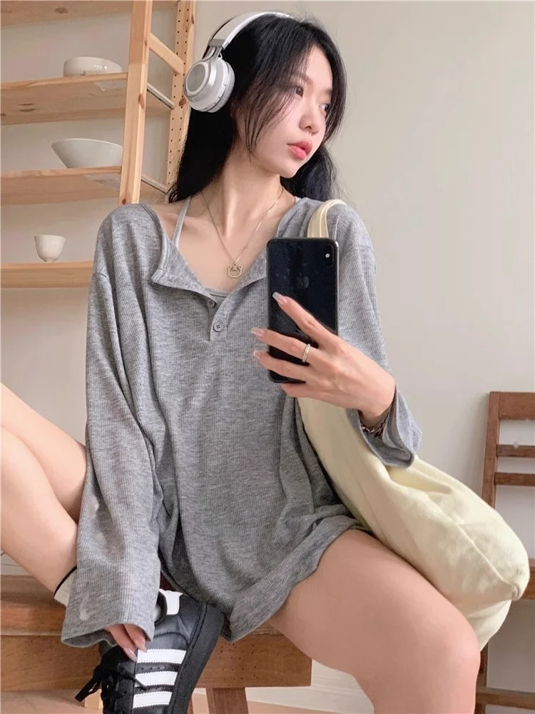 Loose Long Sleeve Women's T-shirt White Spring New Style Lazy Fashion Outerwear Cover up Slimming Top Korean Style Commute Pu...