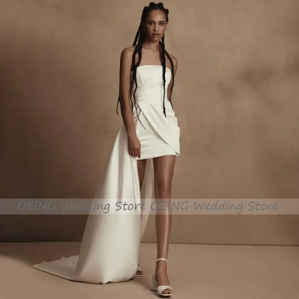 Mini Wedding Dresses for Women 2023 Bride White Sheath/Column Wedding Gowns with Side Draped Train Strapless Short Bridal Dress