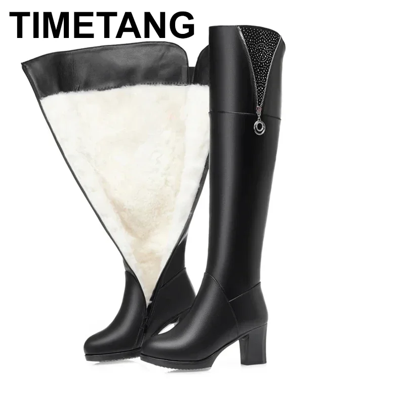 

2025 Women Thigh High Boots New Winter Women Over-the-Knee Boots Genuine Leather Large Size Wool Warm High Heel Women Boots