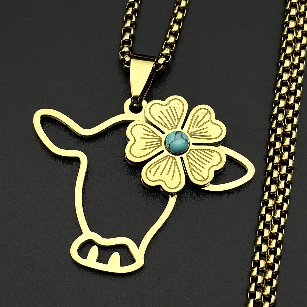 Highland Cow Cattle Kyloe Chain For Women Men Stainless Steel Boho Turquoise Flower Countryside Necklace Jewelry Gift