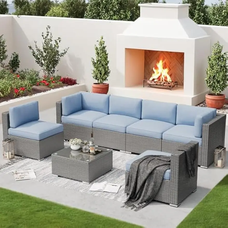 Outdoor Patio Furniture Set, Grey Rattan Outdoor Patio Sectional Conversation Set, Modular Sofa Set with Coffee Table