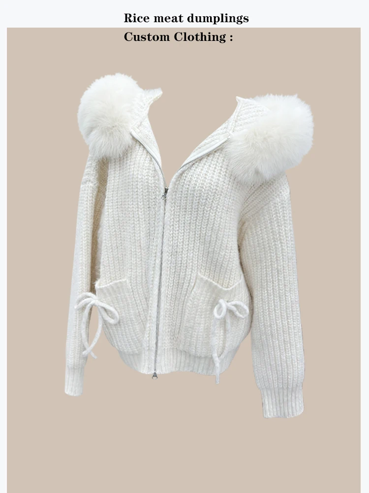 

White Knitted Hat Coat Fur Collar Versatile Short Style Warm Commute Style Long Sleeve Zipper Closure Pure Color Autumn W...