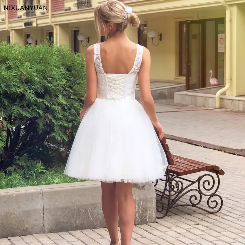 New Custom Short Wedding Dress Scoop Neck Sleeveless Lace Top A-line Tulle Bridal Wedding Dresses Vestido De Noiva