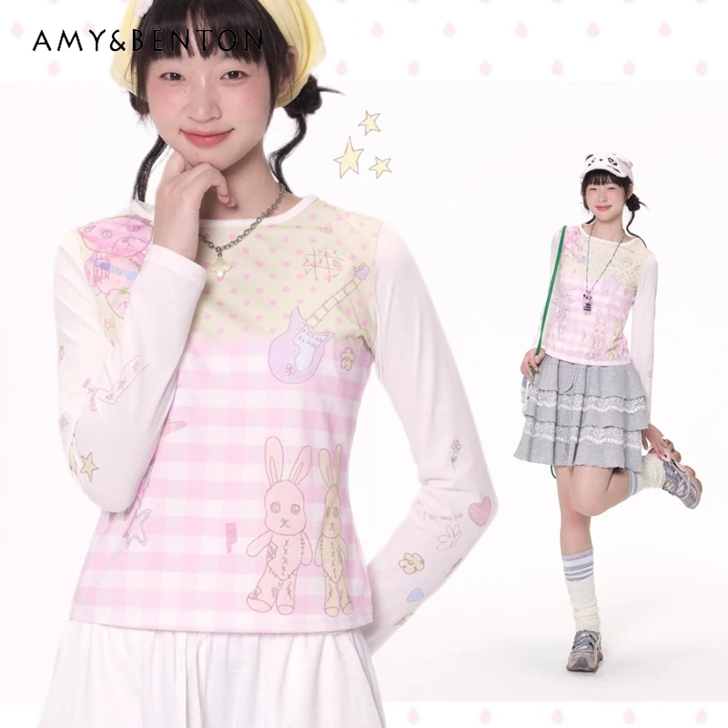 

Japanese Design Pink Animal Print Plaid Dot Splicing Long Sleeve Women's Top Spring Autumn New Sweet Round Neck T-Shirts Ladies