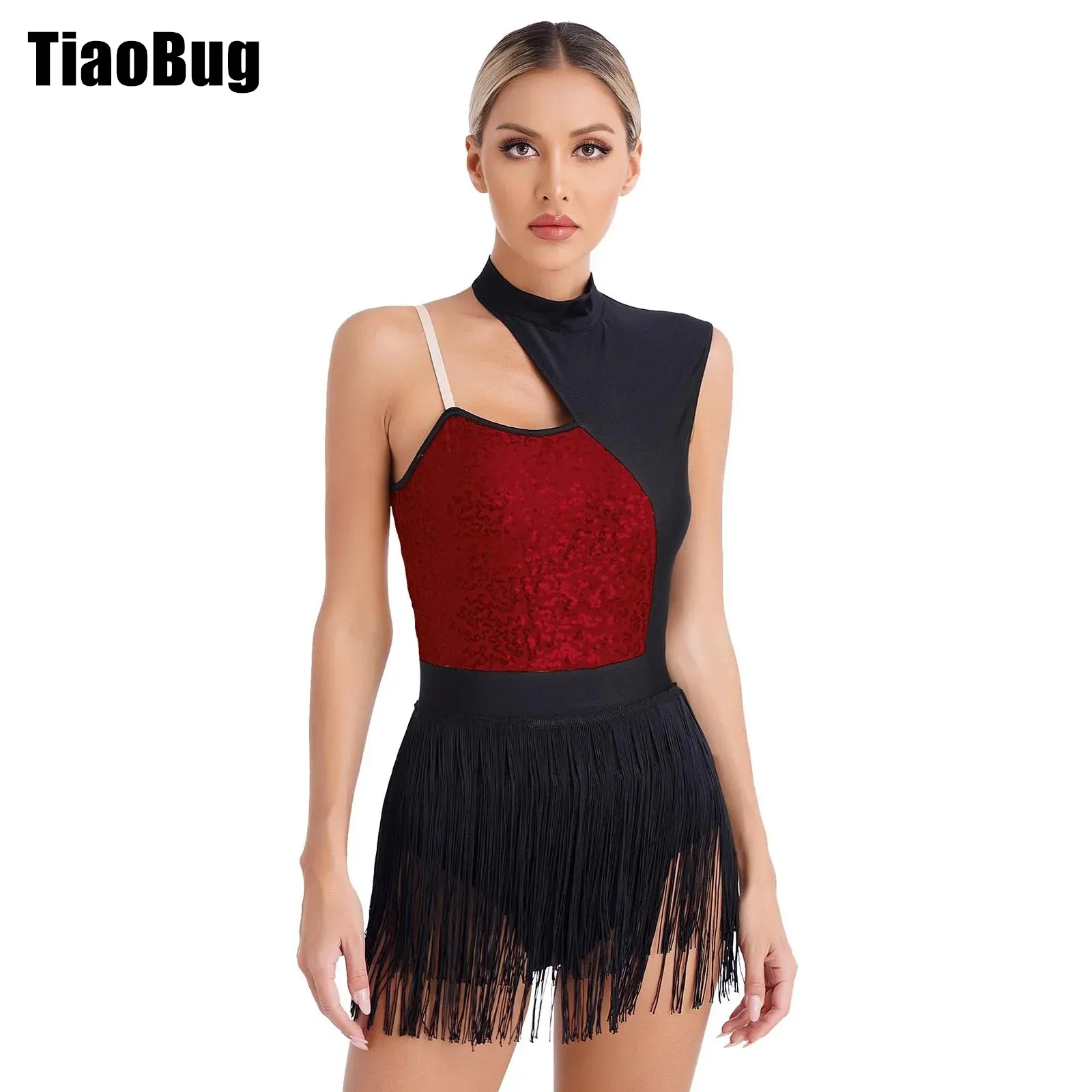 

Womens Fringed Latin Dance Leotard Cutout Sleeveless Shiny Sequins Contrast Color Patchwork Bodysuit for Stage Performance