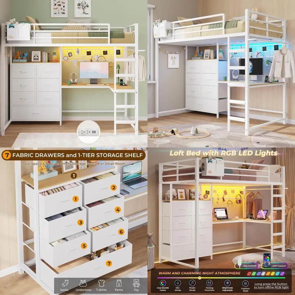 twin size loft bed with l-shaped desk and 7 storage drawers, metal bunk bed for kids with led lights and charging station