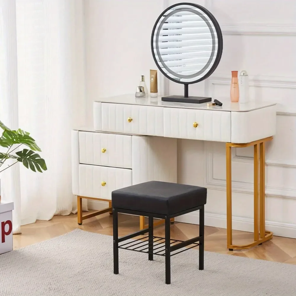 Vanity Stool With Storage Adjustable Feet, Faux Leather Black