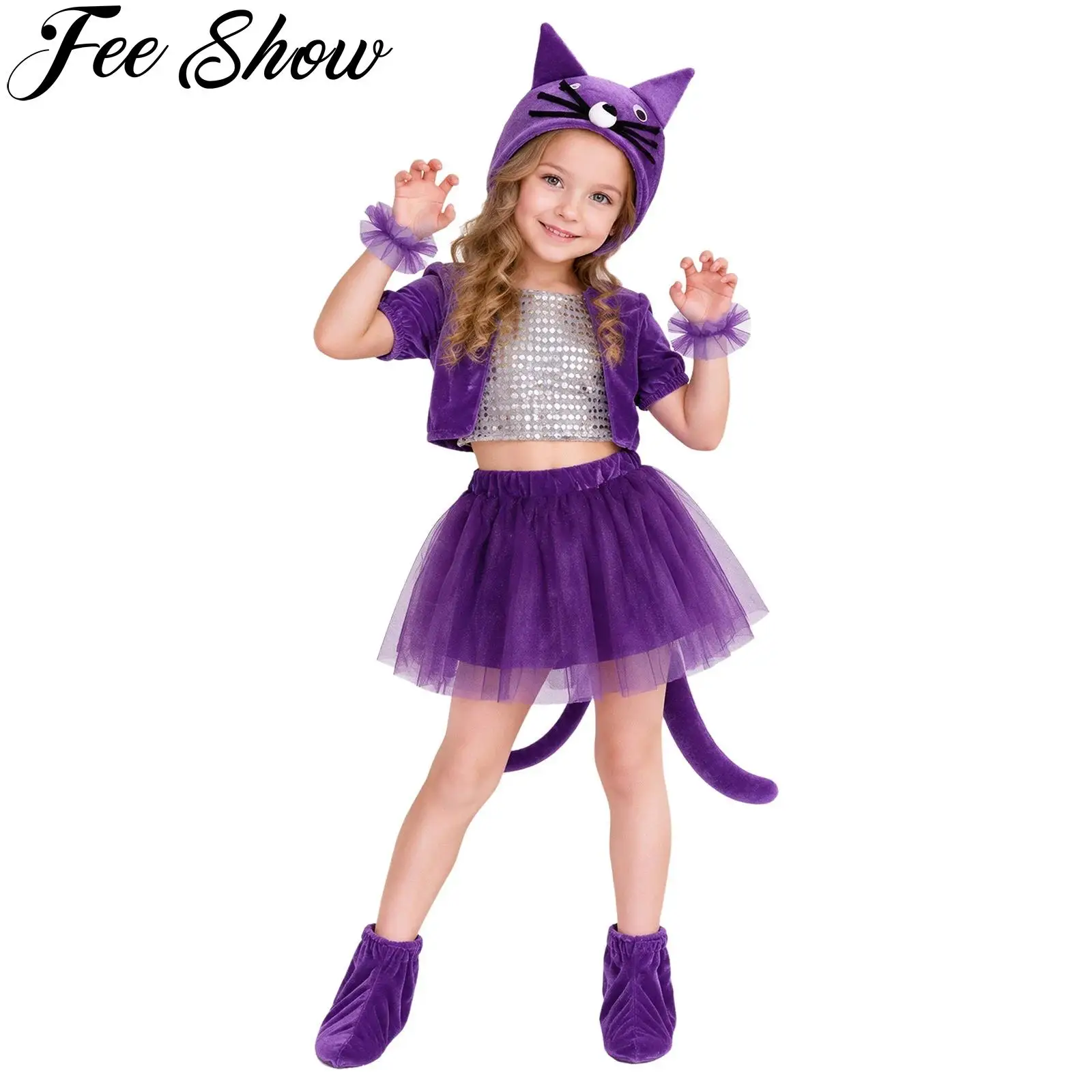 Little Girls Cute Cat Costume Halloween Birthday Party Cosplay Outfit Short Sleeve Sequin Tops Layered Tutu Skirt with Tail Hat