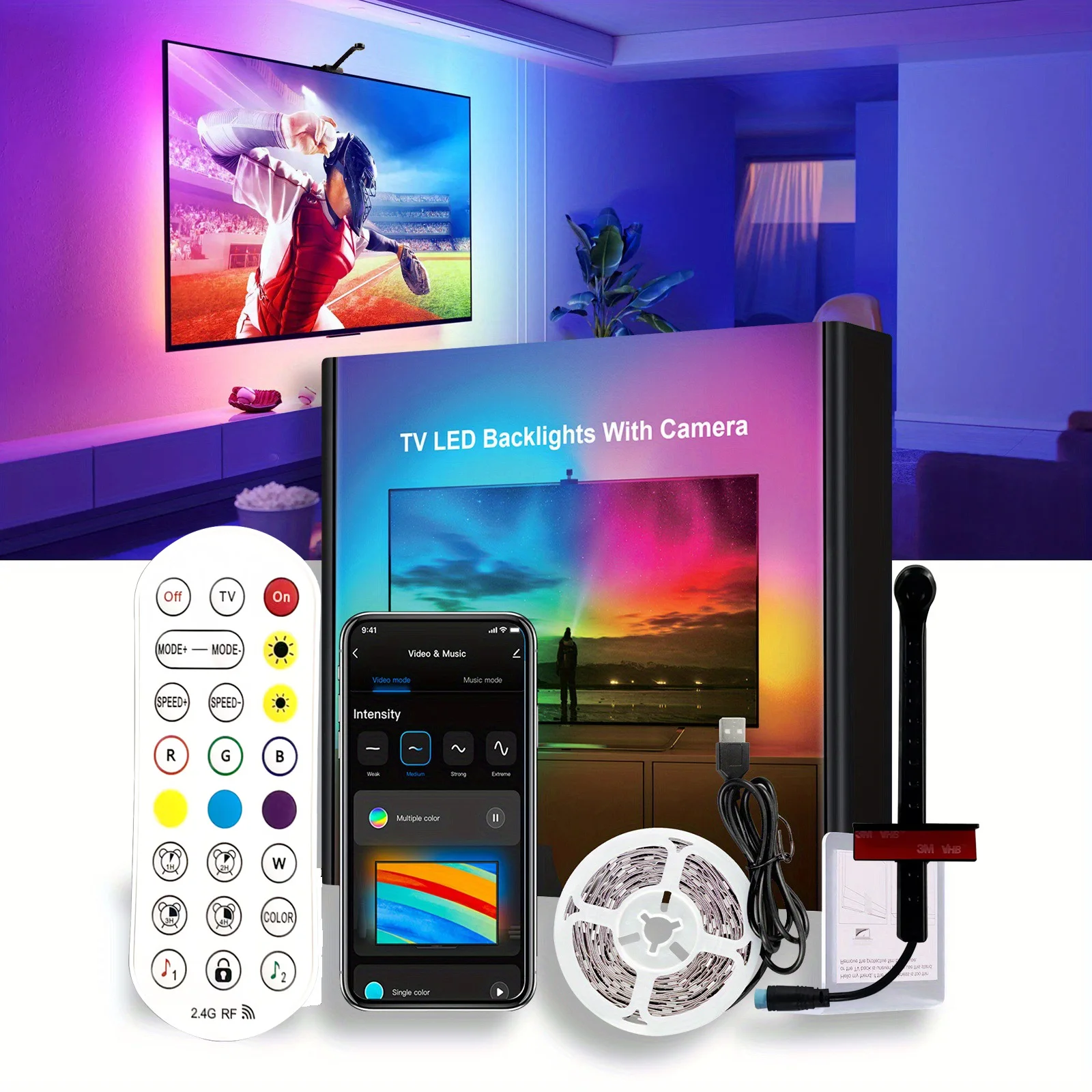 Bande lumineuse LED RGBIC USB avec caméra, séparations musicales pour écran TV, jeu, chambre à coucher, arrière-plan TV, liaison de lumière ambiante