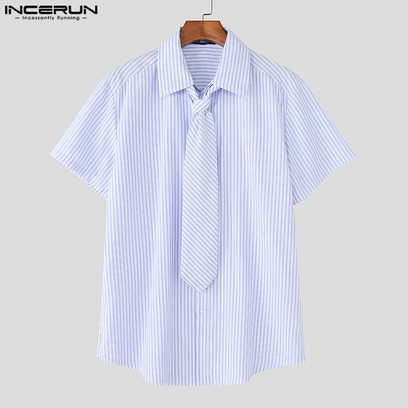 INCERUN hommes chemise rayée revers manches courtes cravate décontracté hommes vêtements chemises d'été Streetwear 2025 mode mâle hauts S-5XL