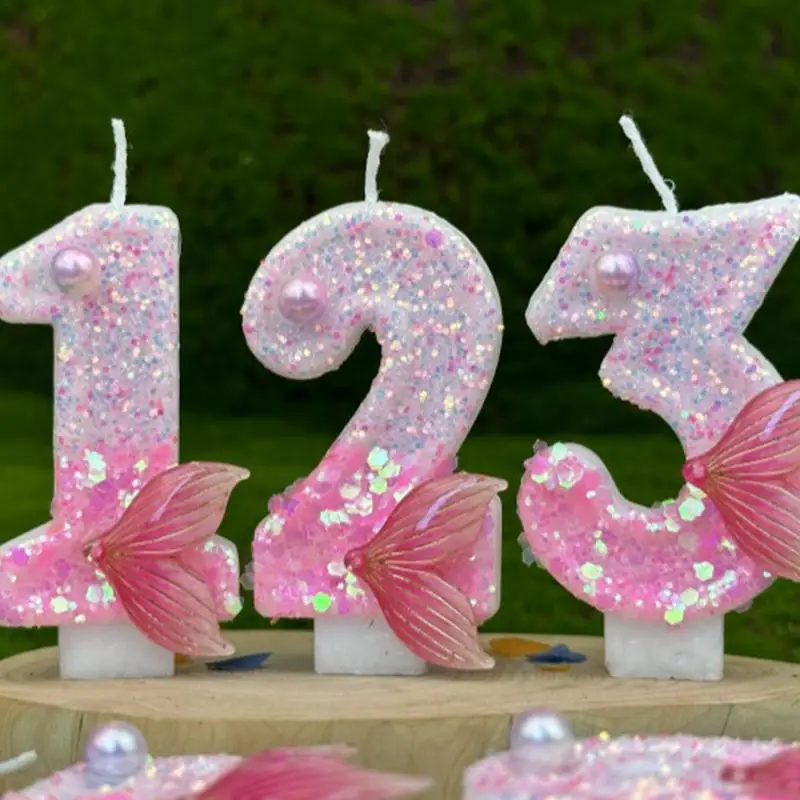 3D Number Cake Decorating Candle Pink Fish Tail Glitter Birthday Candles Digital Candle Cake Topper Birthday Party Cake Decor