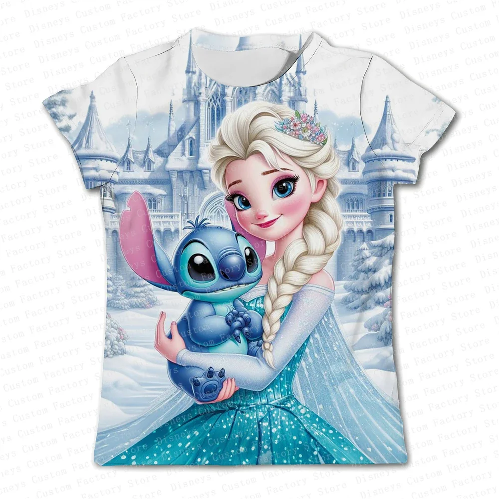 Summer Short Sleeve 100-6XL Disney Stitch Girls' T-Shirt 3-14 Kawaii Street Y2K Clothing O Neck 2024 Fashion Clothing Top