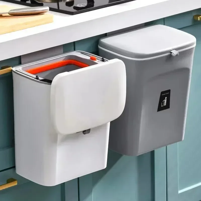 Kitchen Bathroom Toilet Waste Storage with Inner Barrel Wall Mounted Trashcan Cabinet Garbage Rubbish Bin Door Hanging Trash Can