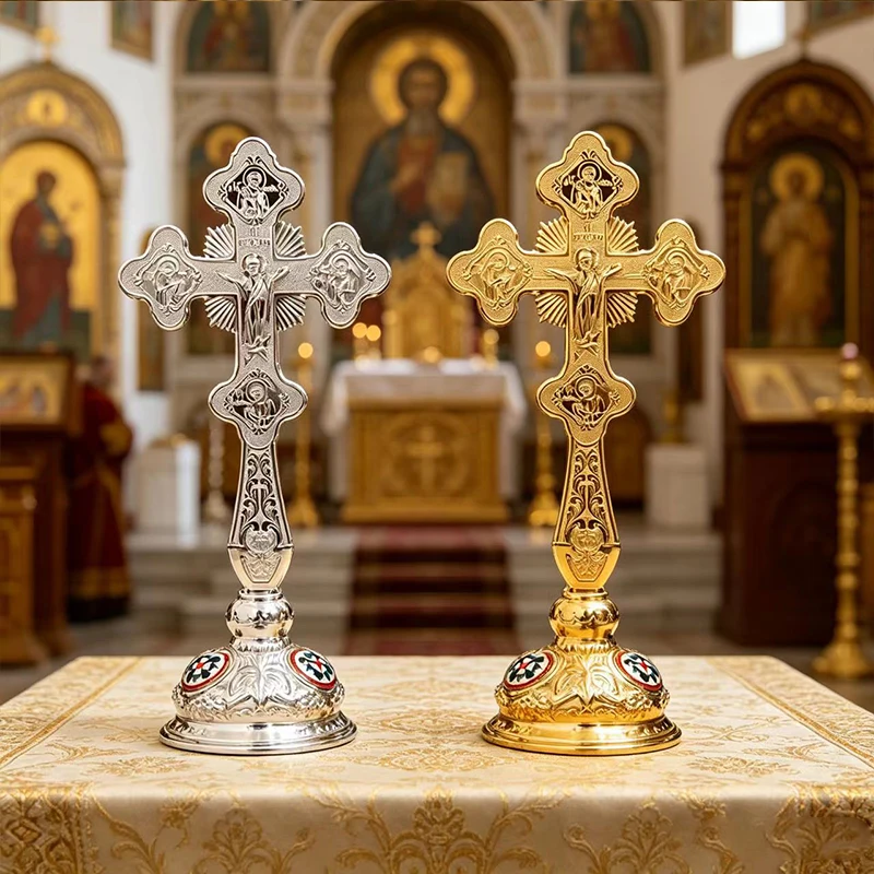 Gold Silver Plated Orthodox Standing Cross Set with Icon Carving and Enamel Accents for Church Altar Liturgical Prayer Religious