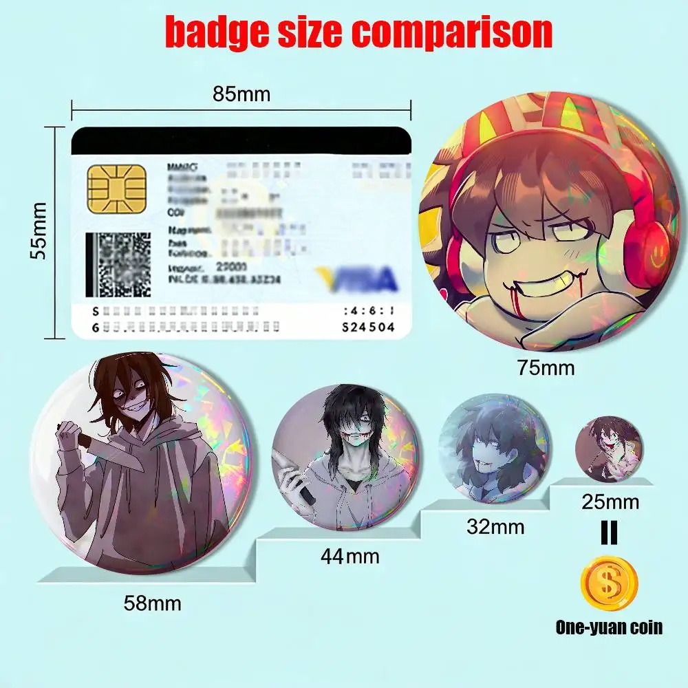 Creepypasta Jeff the Killer Reflective Pin Tinplate Round Brooch Cartoon Cosplay Badges for Bag Hat Toys Gifts