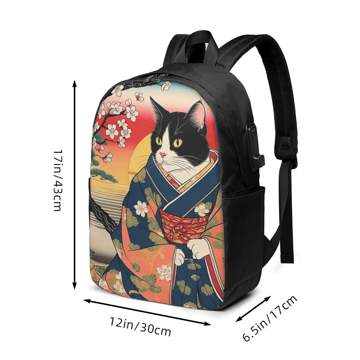 Ukiyo-E Style Cat And Cherry Blossom Backpack Travel Notebook Bag Computer College Student School Bag Laptop Shoulder Bags