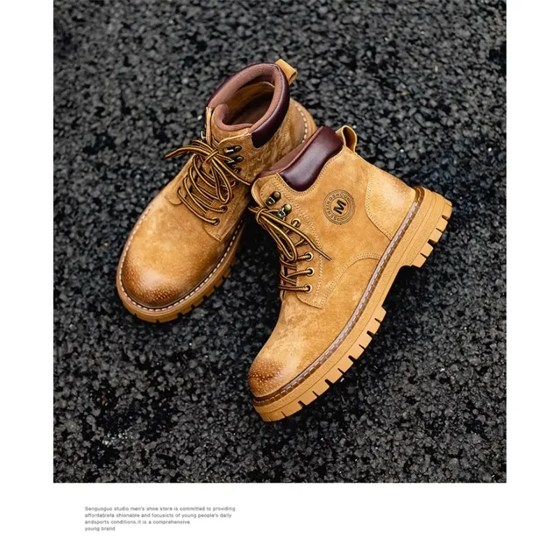 Мужские высокие ботинки, четырехсезонная уличная рабочая обувь, нескользящие и удобные желтые ботинки, модные повседневные кожаные ботинки в британском стиле
