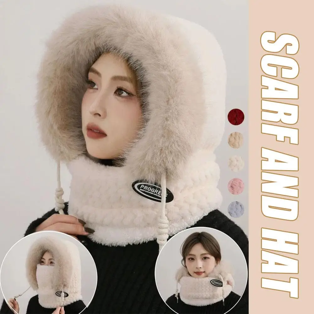 

One-piece Hat Scarf Windproof Thickened Hood Ear Protection Bike Head Cap Plush Ripple Lei Feng Hat Neck Scarf With Face Mask