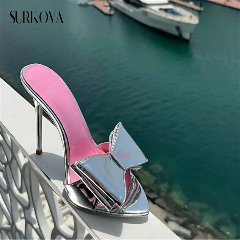 

Silver Mirror Bow Knot Open Toe High Heel Slippers for Women Summer New Fashion Sandals Pointed Toe Stilettos Peep Toe Slippers