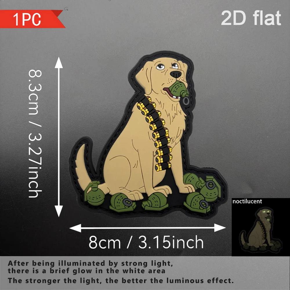 Specifications Available: 1Pc/2Pcs/3Pcs. Tactical Personalized Golden Retriever Luminous Rubber Patch with Matching Plush Backing, Full Coverage with Black Border, Layered Color-Blocking Soft Rubber, Glowing in the Dark, Suitable for Tactical Jackets, Cycling Backpacks, Baseball Caps, and Various Clothing Accessories