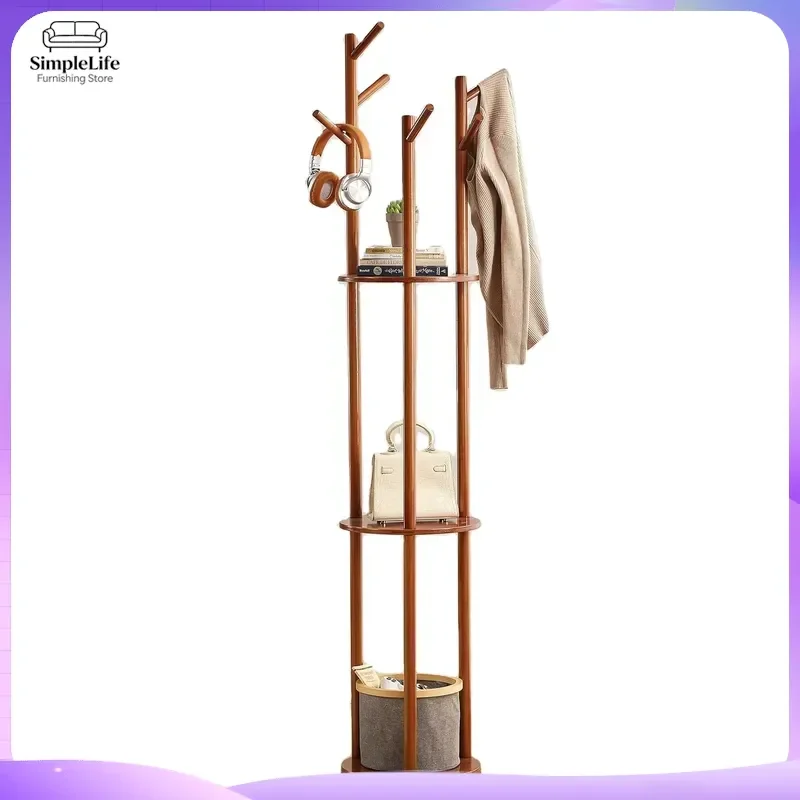 Wooden Coat Rack Stand Freestanding Clothes Hanger Tree with 3 Shelves 6 Hooks Entryway Hallway Storage Organizer Furniture