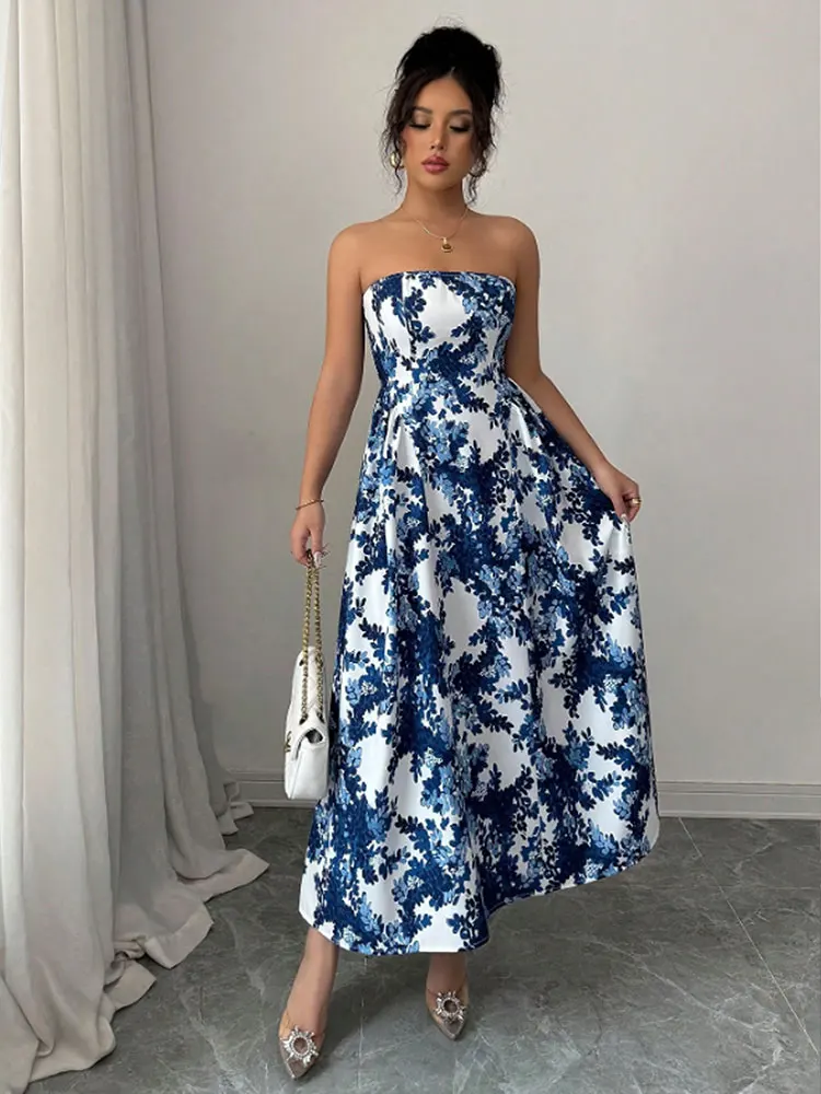 Abiti lunghi floreali Boho da donna nuovi senza spalline smocked flowy vacanza al mare lungo prendisole eleganti abiti da festa abiti femminili