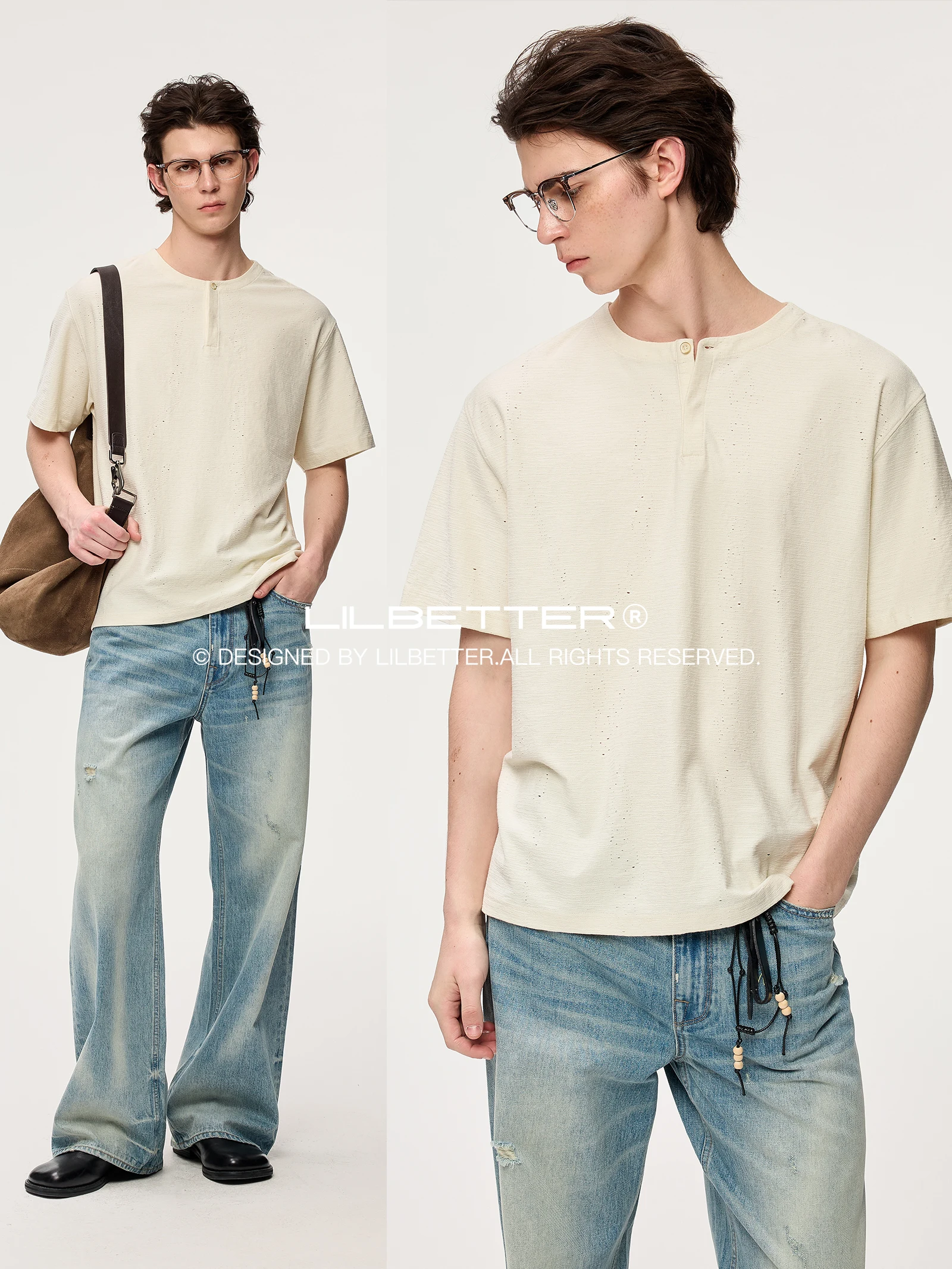 Lilbetter Henry Collar  Shirt Loose Fit Texture Short Sleeve Minimalist Style Cotton Blend Summer Fashion Urban Wear
