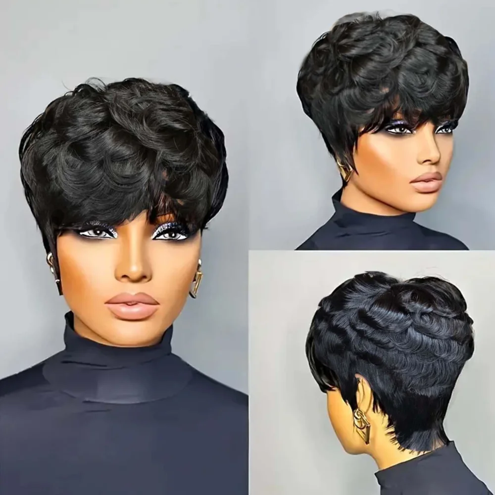 150% density daily party use remy wig pixie cut short straight 6inch natural black color machine made human hair wigs for women