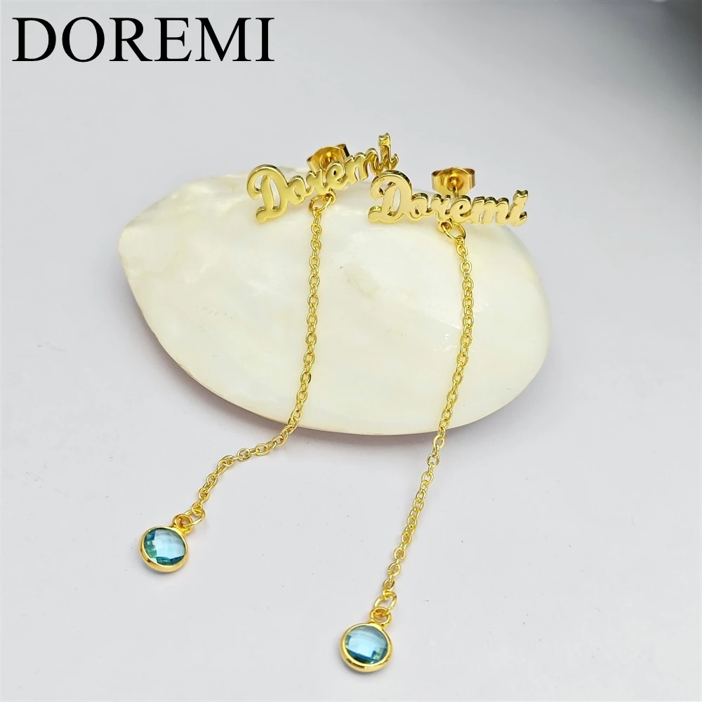 DOREMI Personalize Earring Custom Name DIY Women Long Chain Drop Dangle Birthstone Drop Stone Earrings Personalized Gift Jewelry