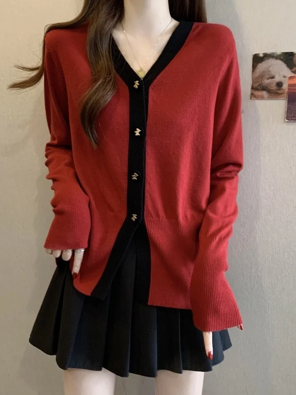 

Red V-Ne Long Sve Knitted Cardigan Women's Base Layer Spring plus Size Slimming Age-Defng Top Soft Loose Fit Casual Wear