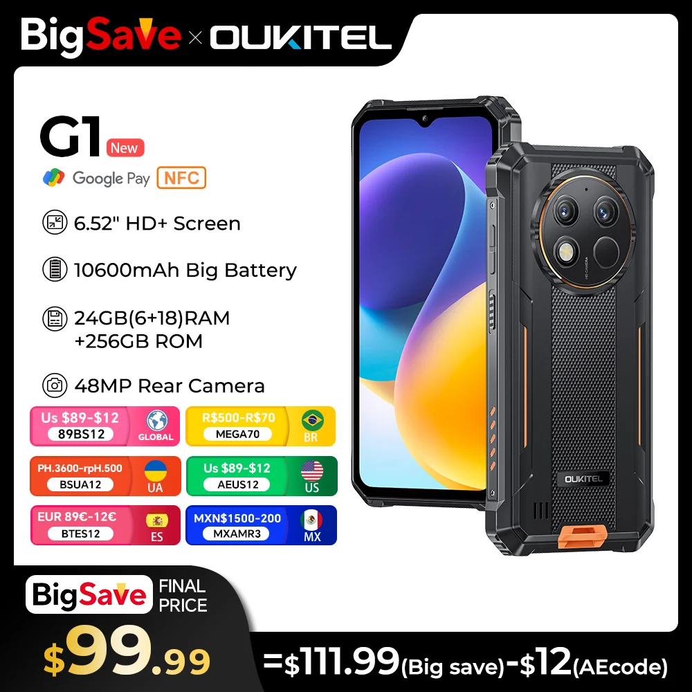 [Мировая премьера] Прочный смартфон Oukitel G1 6,52 дюйма HD+ 10600 мАч 24 ГБ + 256 ГБ Android14 48 МП сотовый телефон с камерой