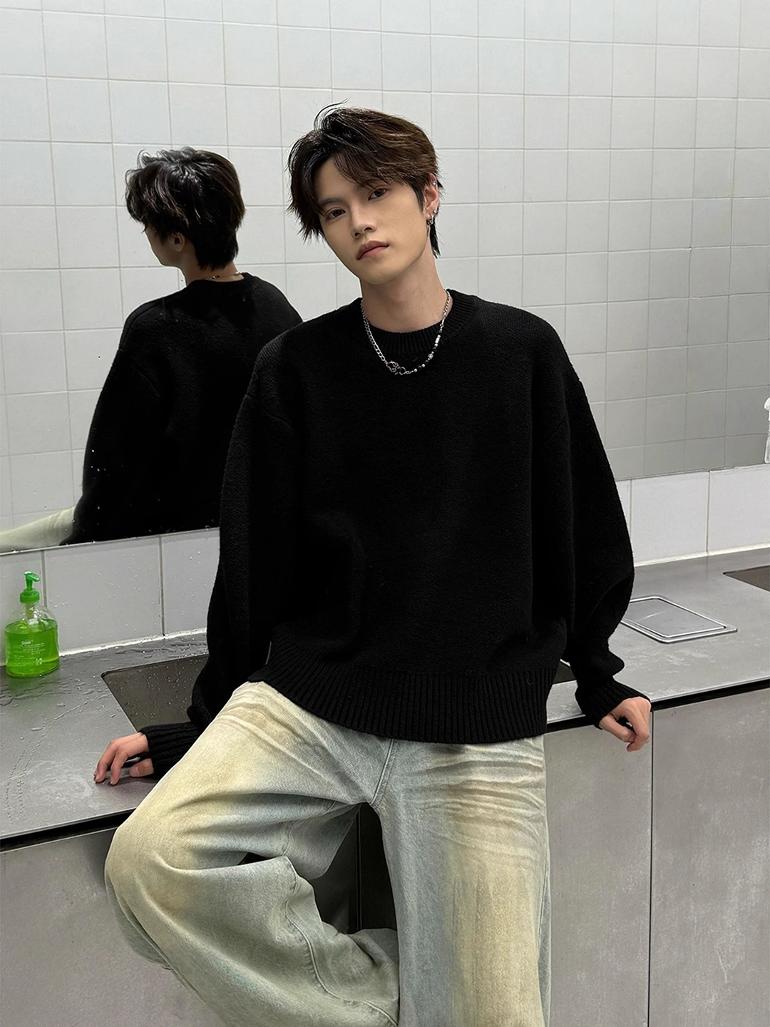 

Men's Fce Lined Thiened round Ne Knitwear Bla Warm Inner Wear T-irt for Teens And Young Adults Winter ential